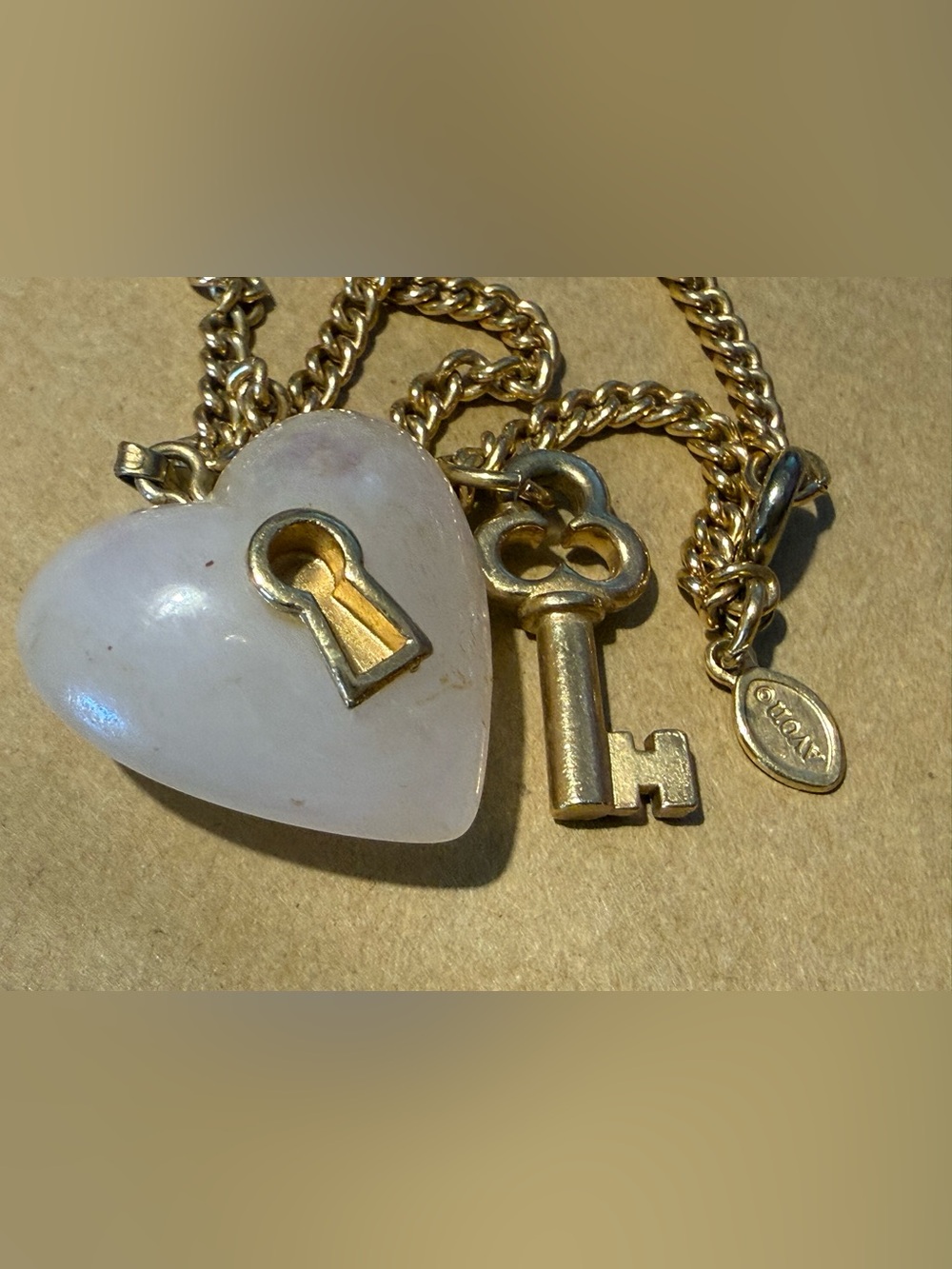 Vintage Avon Gold-Tone Heart Lock & Key Necklace with Rose Quartz Heart